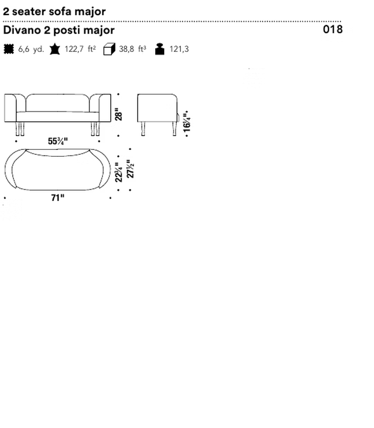 Josephine Sofa by Moroso, size drawing: 2 seater sofa major