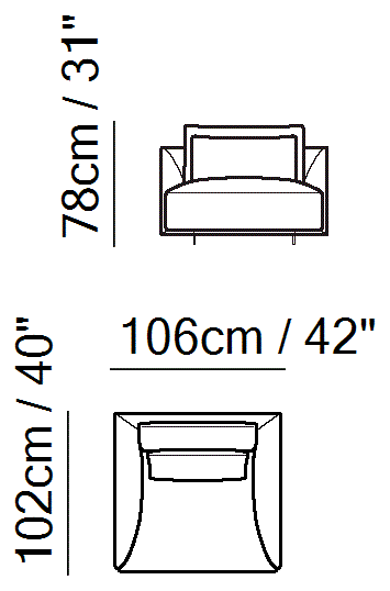 Long Beach Sectional by Natuzzi Italia: Chair, outline drawing with sizes