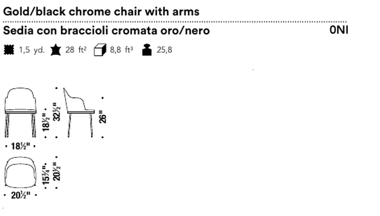 Precious Dining Chair by Moroso, size drawing: Gold/black chrome chair with arms