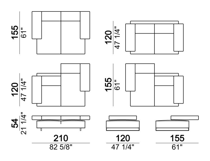 Loft Sofa by Arketipo, size drawing: Sofa with split independently-adjustable back