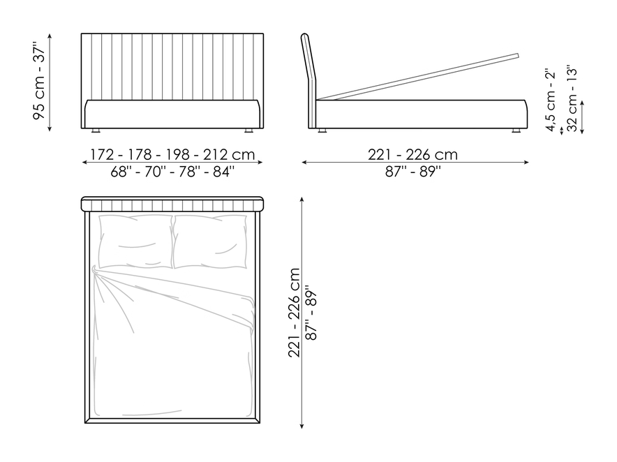 Tonight Double Bed by Bonaldo, size drawing: Tonight charme open