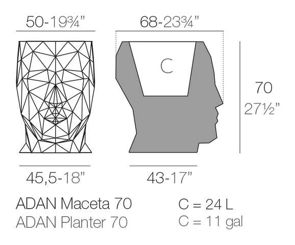 Adan Maceteros Planter by Vondom, size drawing