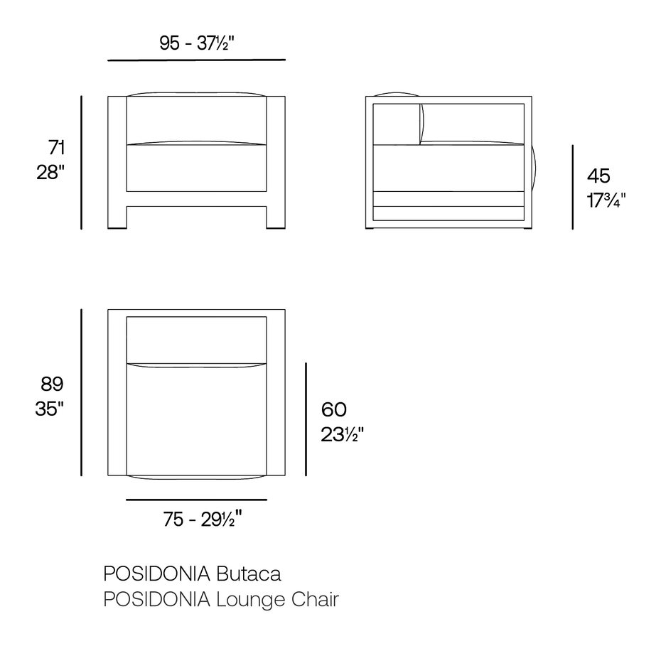Posidonia Lounge Chair by Vondom, size drawing