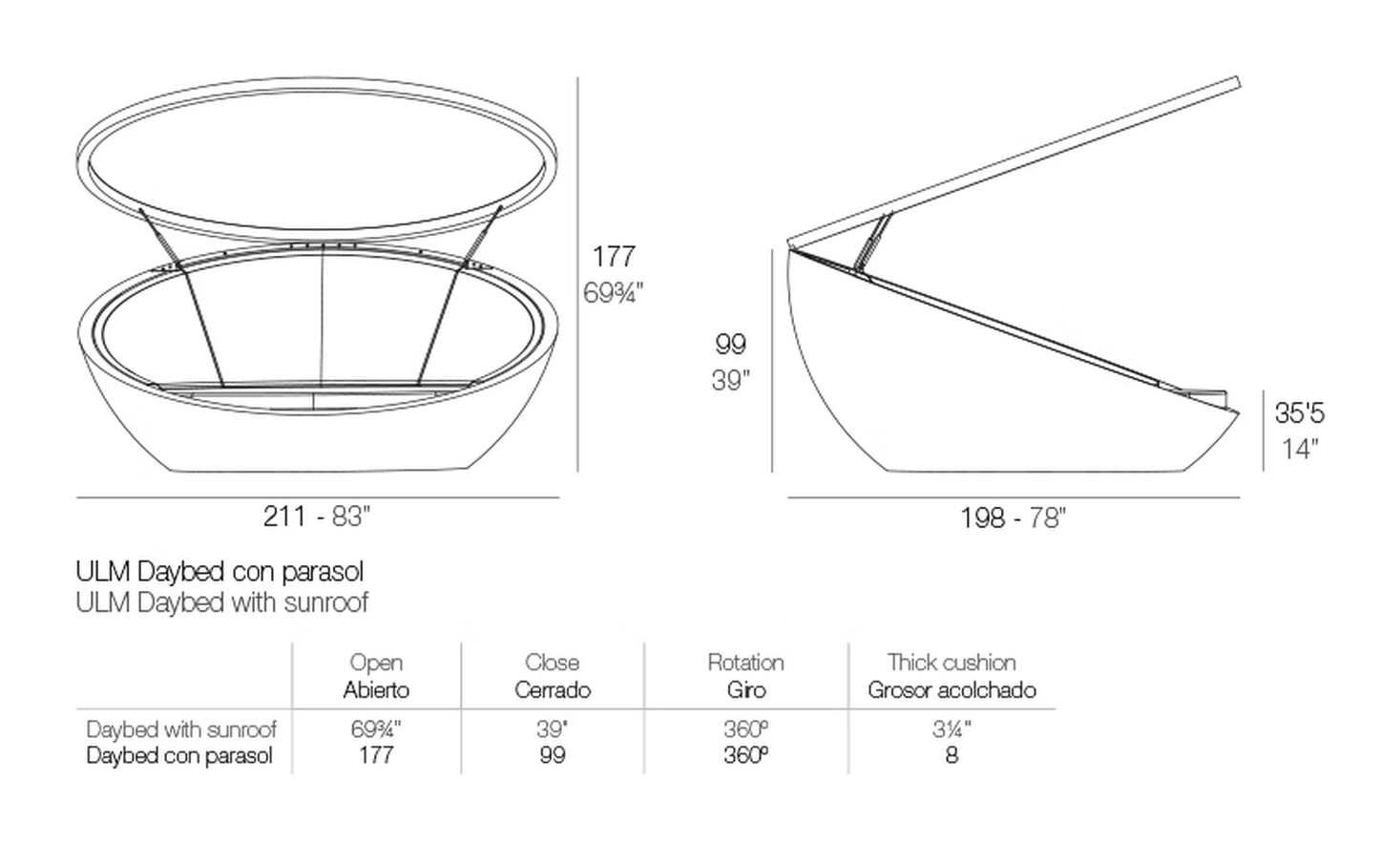 Ulm Daybed With Hinged Canopy by Vondom, size drawing