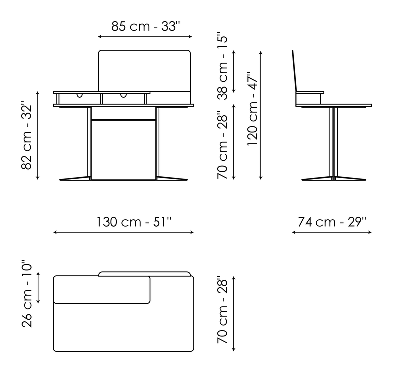 Nelson Vanity & Home Office Desk by Bonaldo, size drawing: Nelson vanity