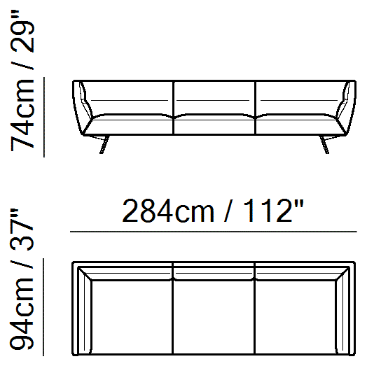 Positano Sectional by Natuzzi Italia: Large three-seater sofa, outline drawing with sizes