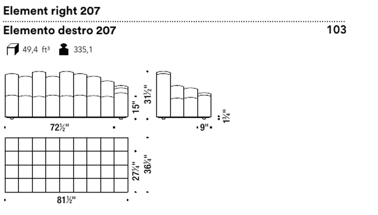 Do-Lo-Rez Sofa by Moroso, size drawing: Element right 207