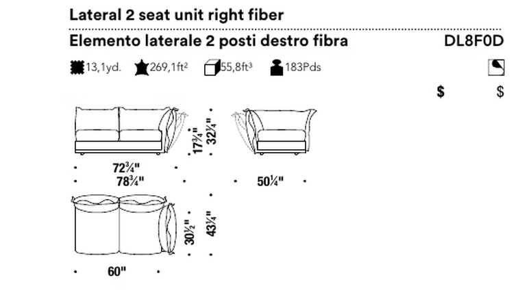 Cloudscape Sofa by Moroso, size drawing: Lateral 2 seat unit right fiber