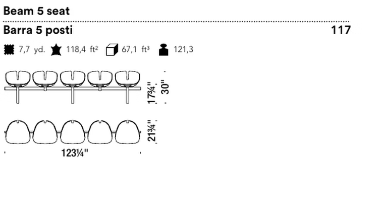 Fjord Seating System by Moroso, size drawing: Beam 5 seat