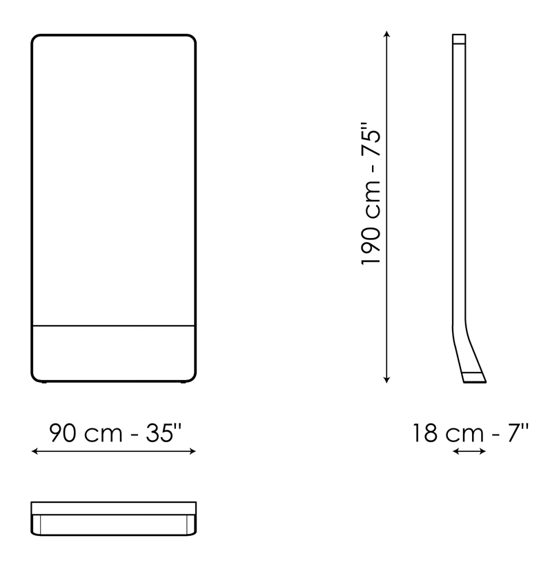 Narciso Floor Mirror by Bonaldo, size drawing: Narciso 90 x H 190