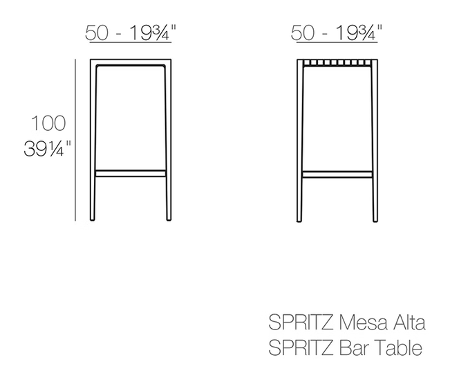 Spritz Bar Table by Vondom, size drawing