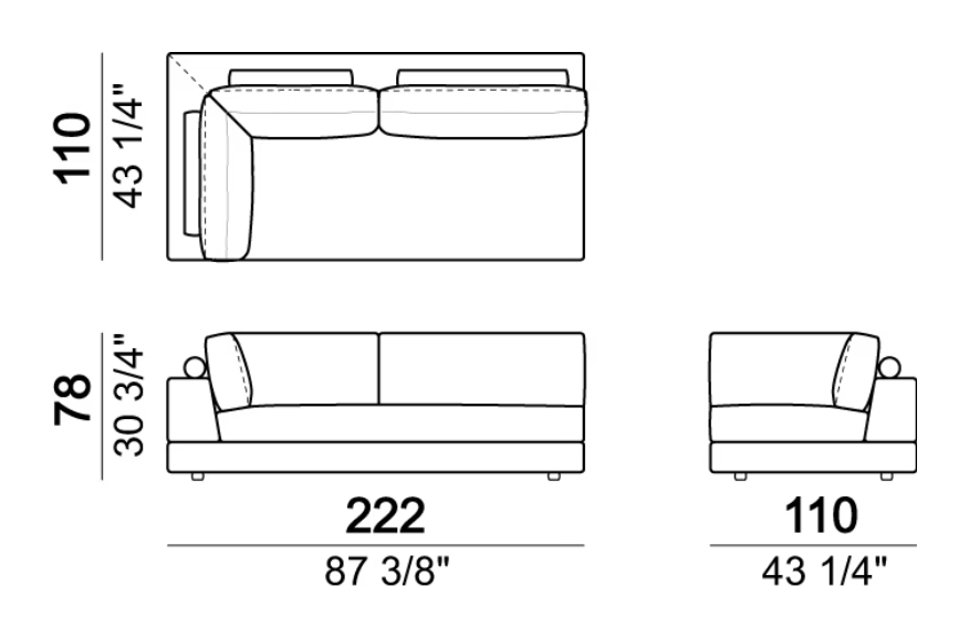 Plat Sofa by Arketipo, size drawing: Right or left corner unit