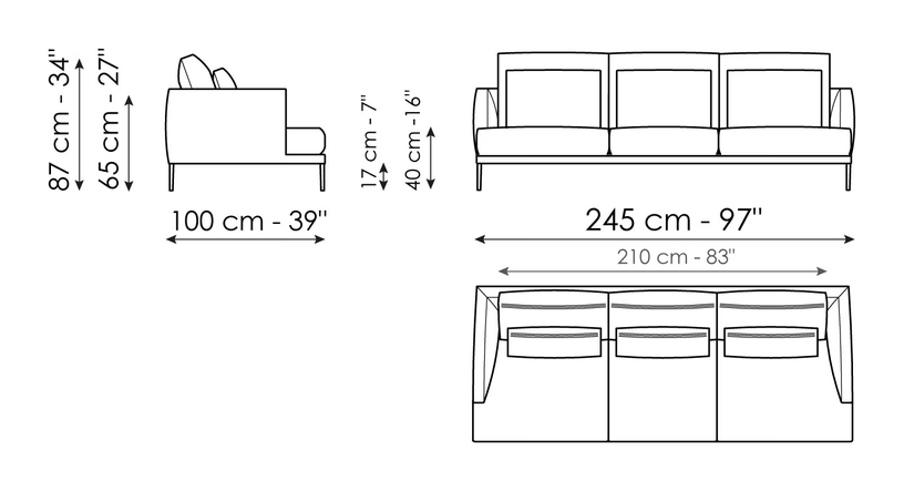 Paraiso Sofa by Bonaldo, size drawing: Sofa 245 - 3 seats