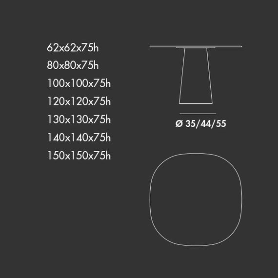 Totem Dining Table by Sovet, size drawing: Shaped