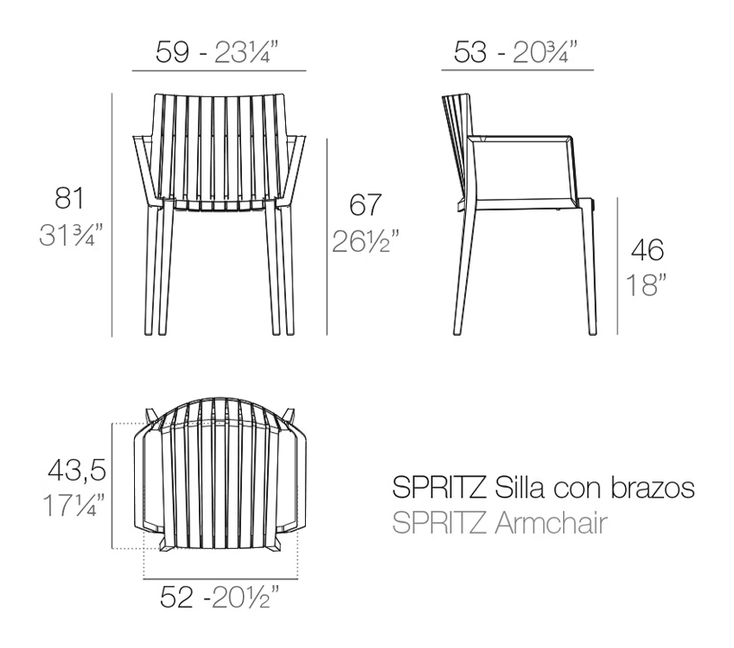 Spritz Chair With Armrests by Vondom, size drawing