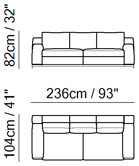 Leaf Sectional by Natuzzi Italia: Three-seater sofa, outline drawing with sizes