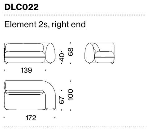 D-Scape Sofa by Moroso, size drawing: Element 2s, right end
