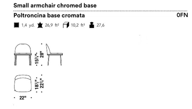 Precious Armchair by Moroso, size drawing: Small armchair chromed base