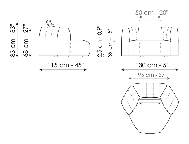 Panorama New Sofa by Bonaldo, size drawing: Armchair