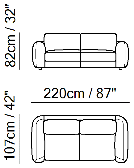 Simple Sofa Bed by Natuzzi Italia: Two-and-a-half-seater sofa, outline drawing with sizes
