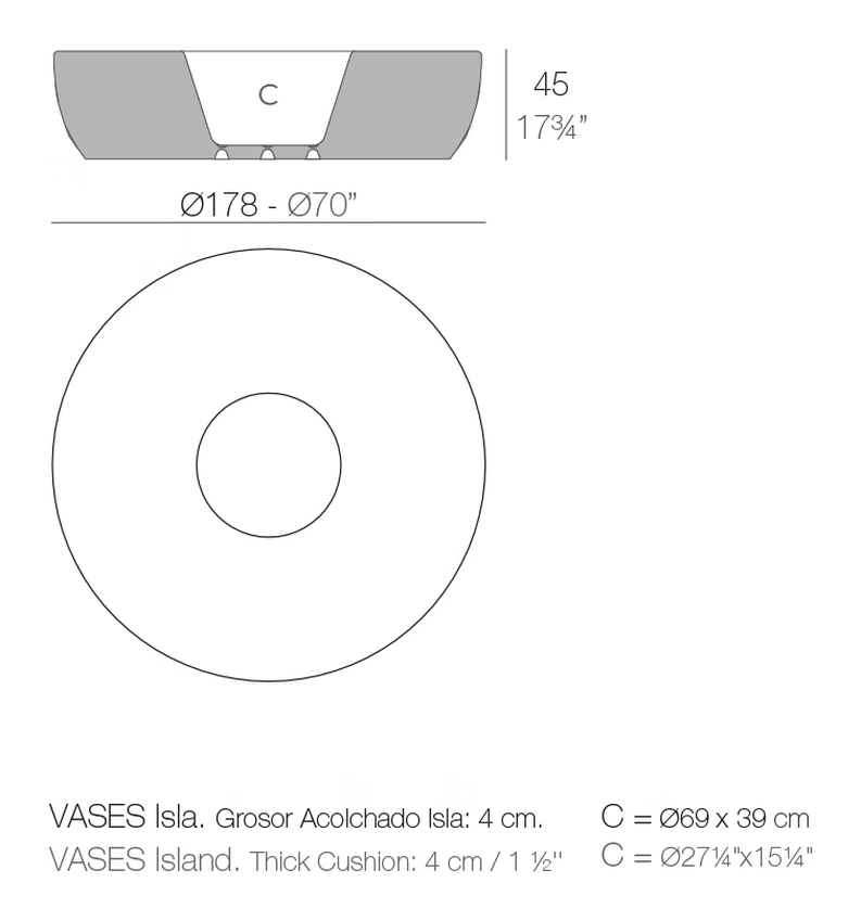 Vases Island Bench by Vondom, size drawing