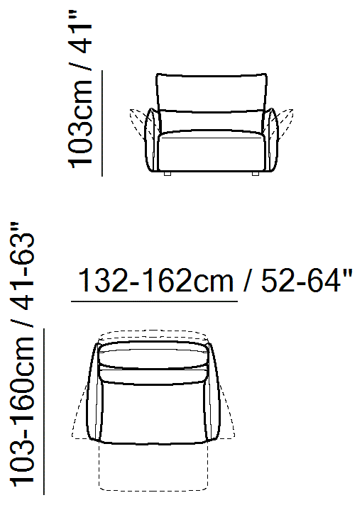 Wellbe Sectional by Natuzzi Italia: Chair with electric recliner function in the headrest and footrest and with lumbar support, outline drawing with sizes