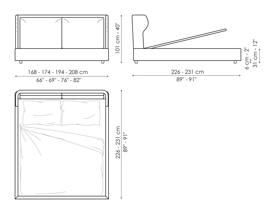 River Double Bed by Bonaldo, size drawing: River open
