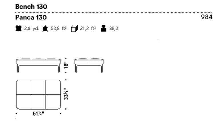 Modernista Ottoman Bench by Moroso, size drawing: Bench 130