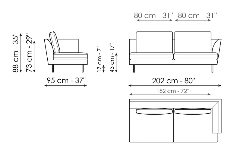 Lars Sofa by Bonaldo, size drawing: End section sofa 202