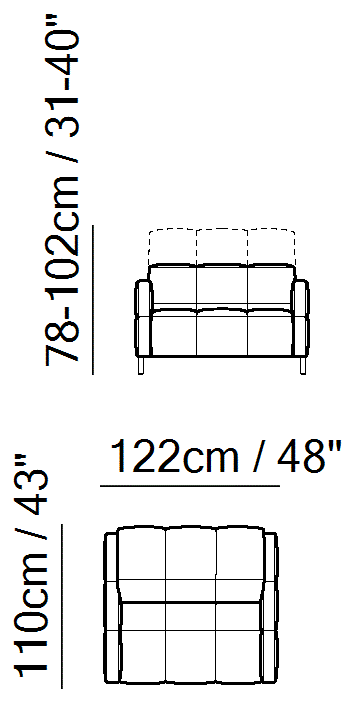 Philo Sectional by Natuzzi Italia: One-and-a-half-seater chair, outline drawing with sizes