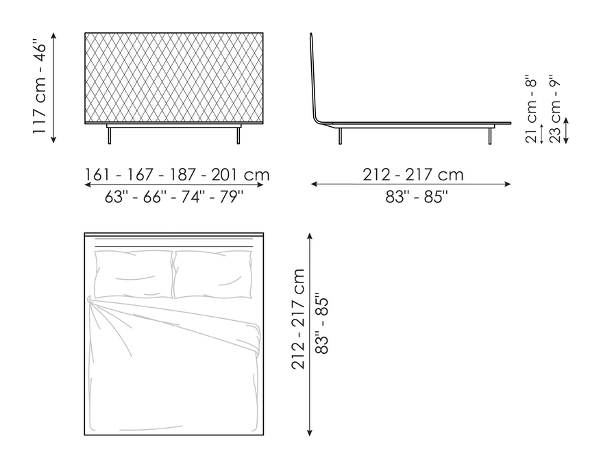 Thin Double Bed by Bonaldo, size drawing: Thin ego