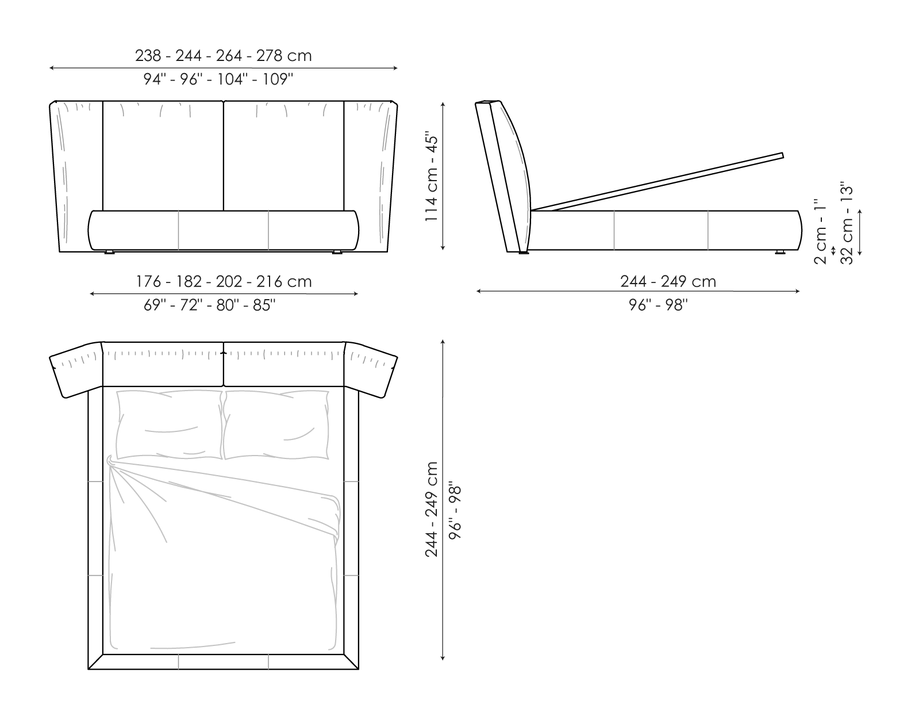 Youniverse Double Bed by Bonaldo, size drawing: Youniverse open