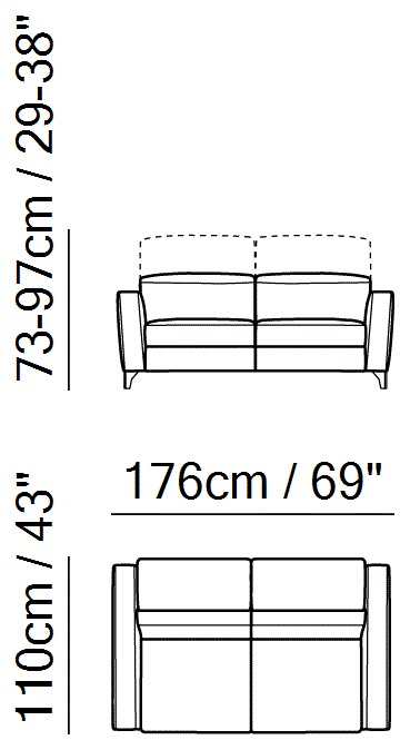 Volo Sectional by Natuzzi Italia: Two-seater sofa, outline drawing with sizes