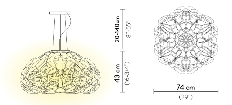 Quantica Pendant Lamp by Slamp, size drawing: Quantica Suspension 75