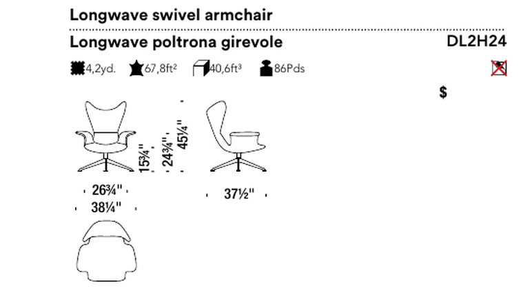 Longwave Armchair by Moroso, size drawing: Longwave swivel armchair