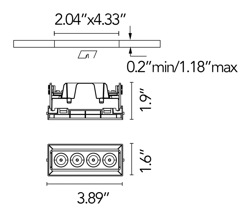 Light Shadow Mini No Trim Downlight by Flos, size drawing: Light Shadow Mini Adjustable No Trim 4 Spots