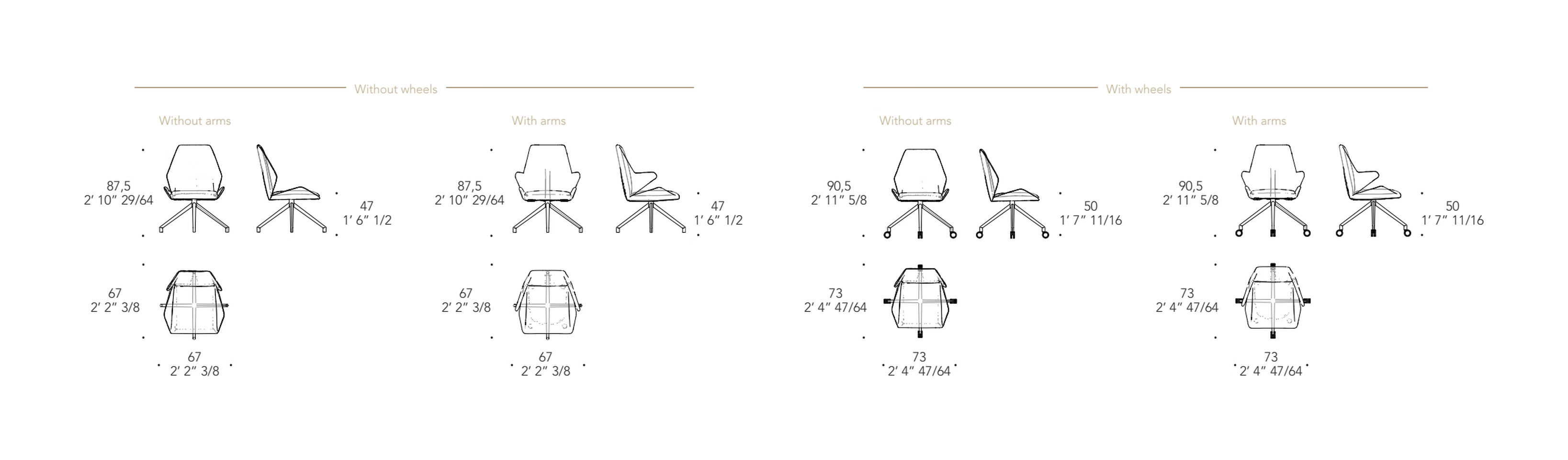 Origami Sedia Office Chair by Reflex, size drawing