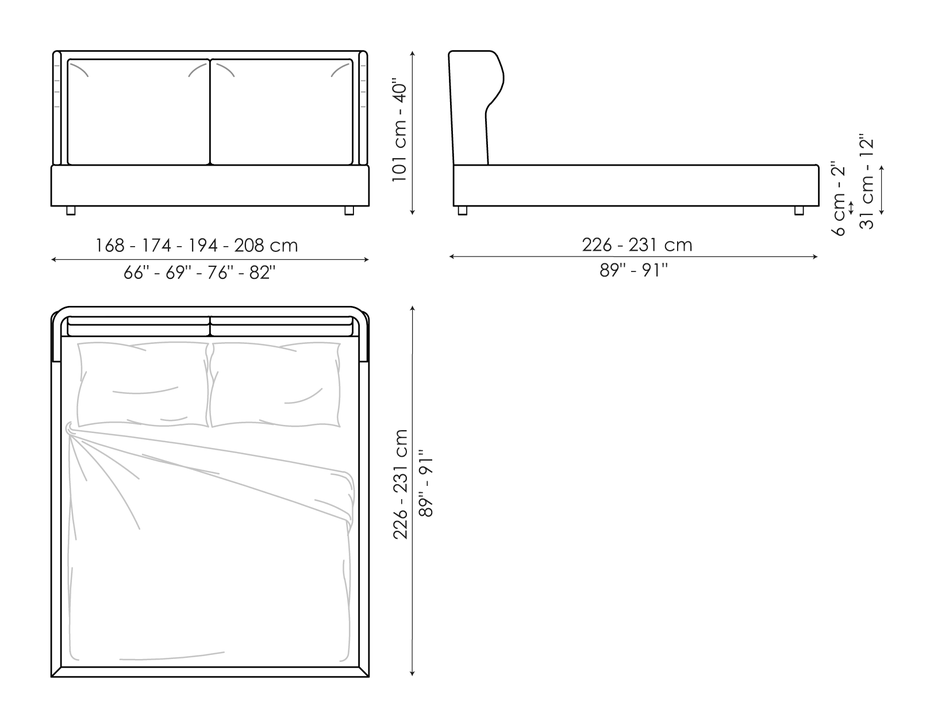 River Double Bed by Bonaldo, size drawing: River plus