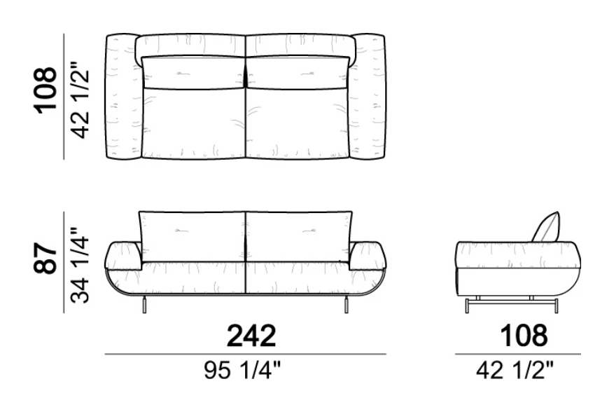 Fastlove Sofa by Arketipo, size drawing: Sofa with back cushions 95 cm