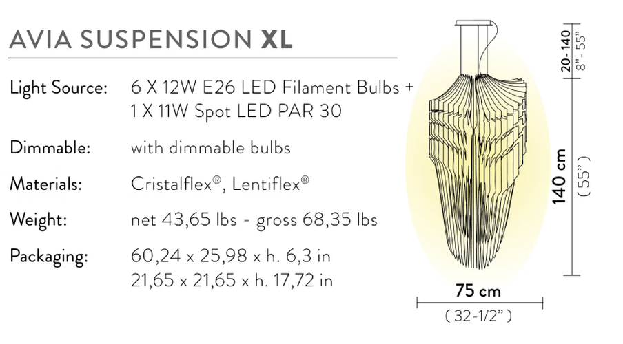 Avia Pendant Lamp by Slamp, size drawing: Avia Suspension XL