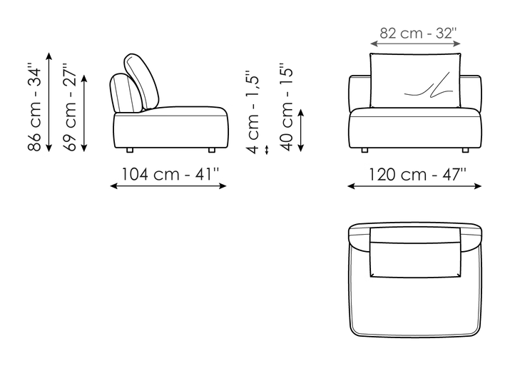 Aldebaran Sofa by Bonaldo, size drawing: Center section 120