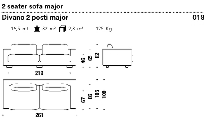 Salon Nanà Sofa by Moroso, size drawing: 2 seater sofa major