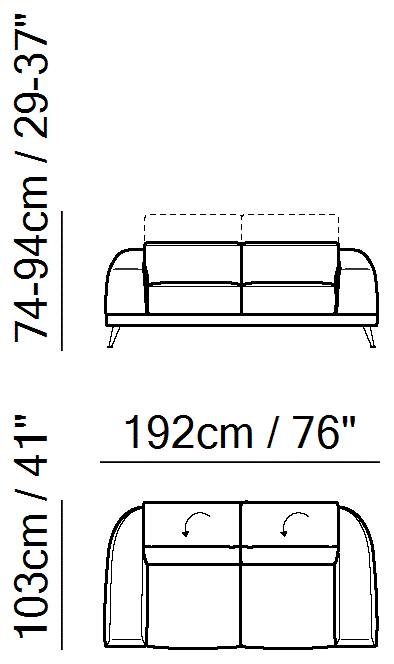 Brooklyn Sectional by Natuzzi Italia: Two-seater sofa, outline drawing with sizes