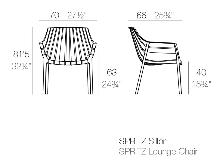 Spritz Lounge Chair by Vondom, size drawing