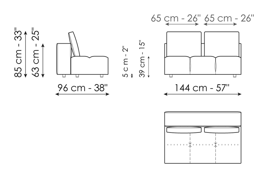 Bonamour Sofa by Bonaldo, size drawing: Center section 144 x 96