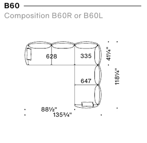 Gentry Sofa by Moroso, size drawing: Composition B60R or B60L