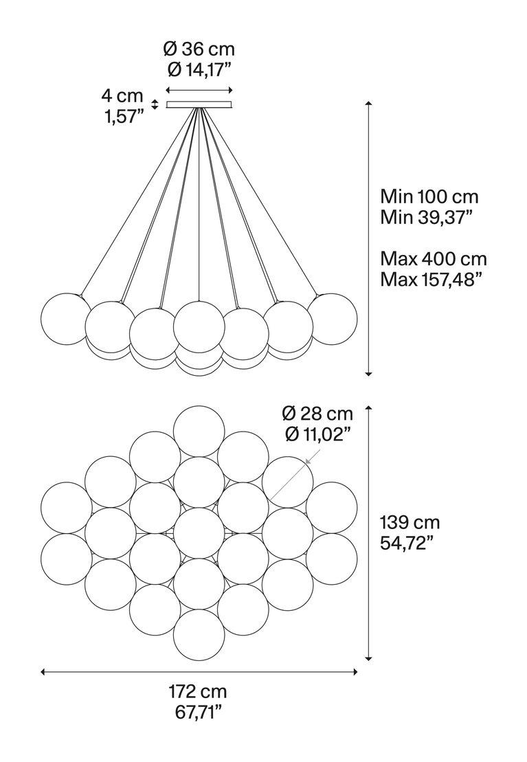 Random Cloud Pendant Lamp by Lodes, size drawing: Random Cloud 23 Lights Ø28