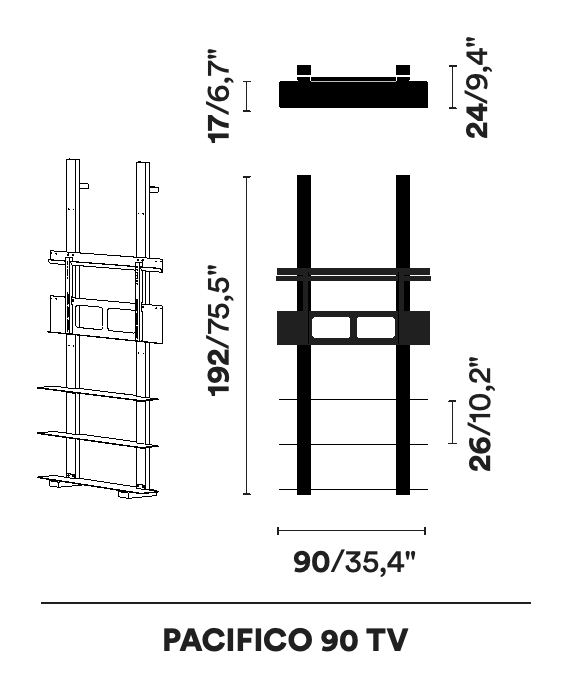 Pacifico Shelving System by Opinion Ciatti, size drawing: PACIFICO 90 TV