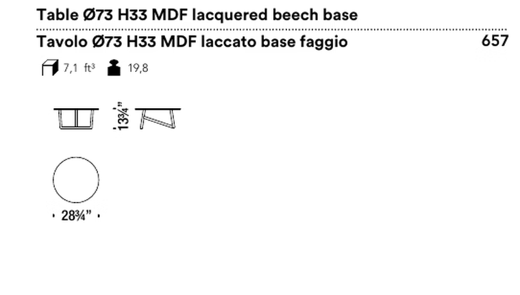 Klara Low Table by Moroso, size drawing: Table Ø73 H33 MDF lacquered beech base