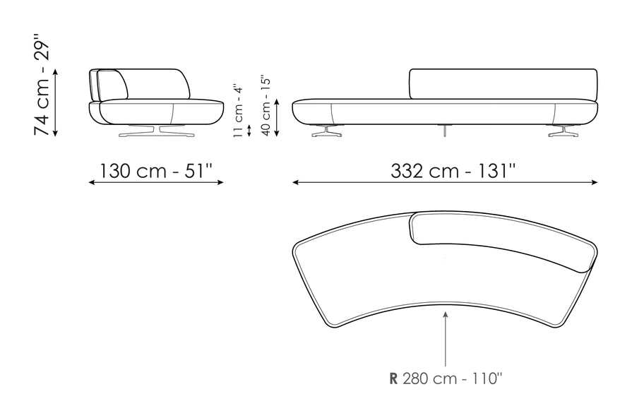 Grant Sofa by Bonaldo, size drawing: Semi-arched 332